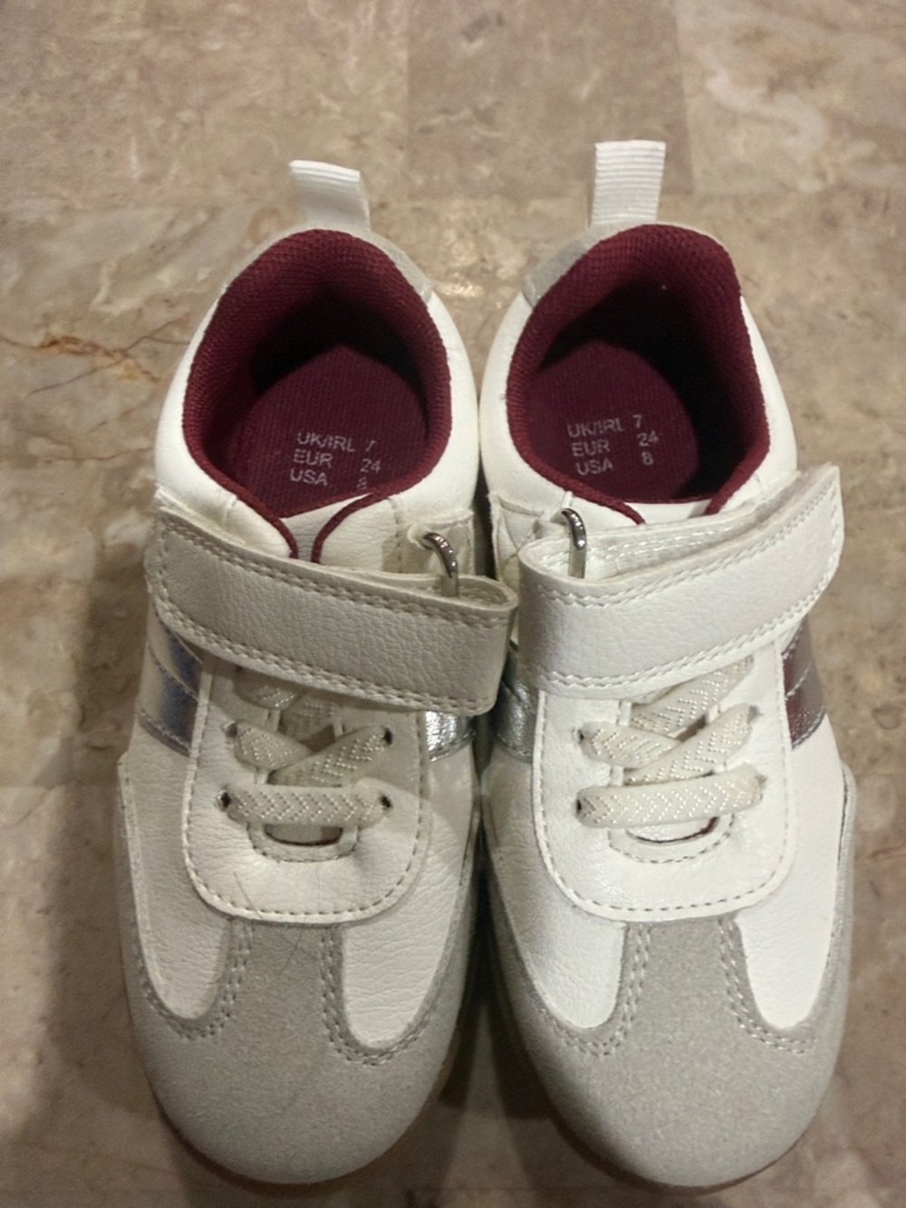 Kids White Sneakers with Maroon Lining - Velcro Closure
